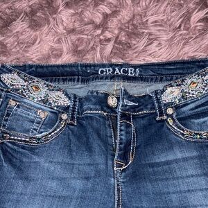 Grace in La Dark Blue Embroidered Boot Cut Jeans